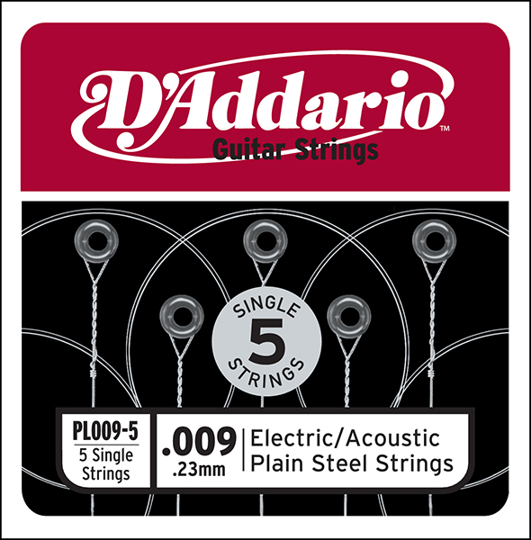 PL009-5 Plain Steel Отдельная стальная струна без обмотки 009, 5шт, D`Addario