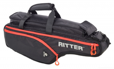 Чехол для саксофона альт RITTER RBP2-AS/BRD  (Пр-во КНР) защитное полужесткое уплотнение 26мм, жесткое усиление для раструба, материал: 100% полиэстер, карманы, ручки, рюкзачные лямки, светоотражающая надпись RITTER. Резиновая окантовка. Цвет: чёрный с кр